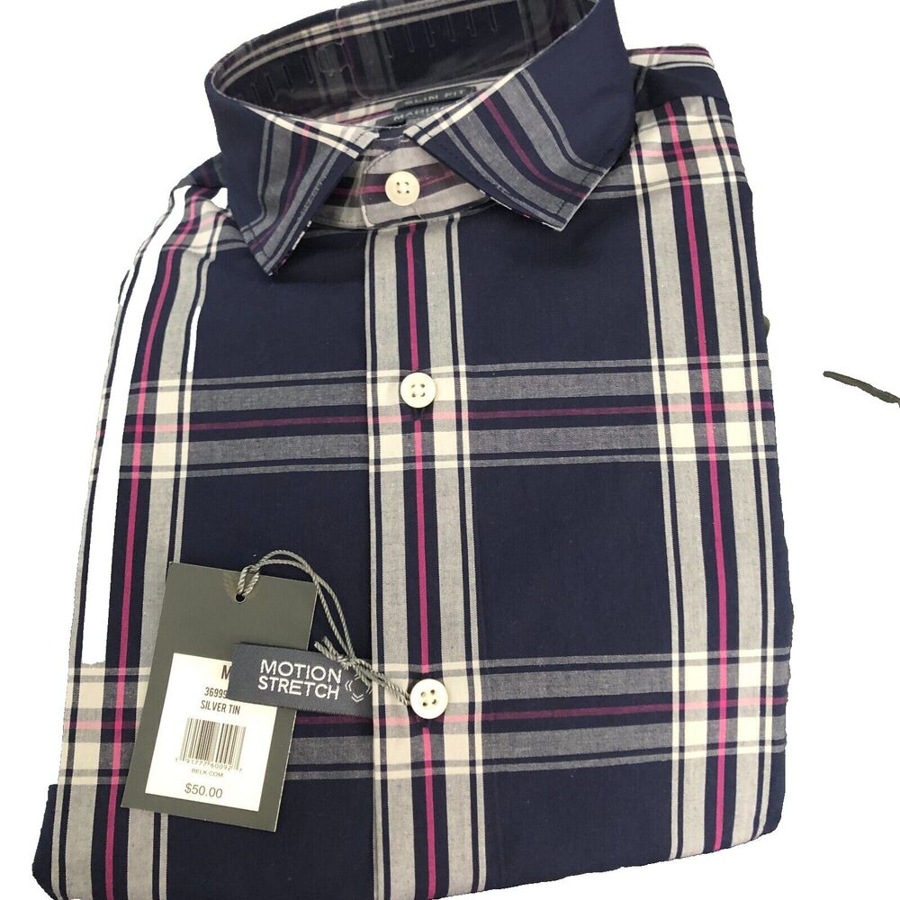 MADISON Men’s SLIM FIT Motion Button Down Navy Plaid Long Sleeve Shirt M